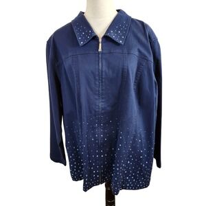 Quaker Factory Women's 3X Navy Blue Rhinestone Zip Front Jacket Top‎